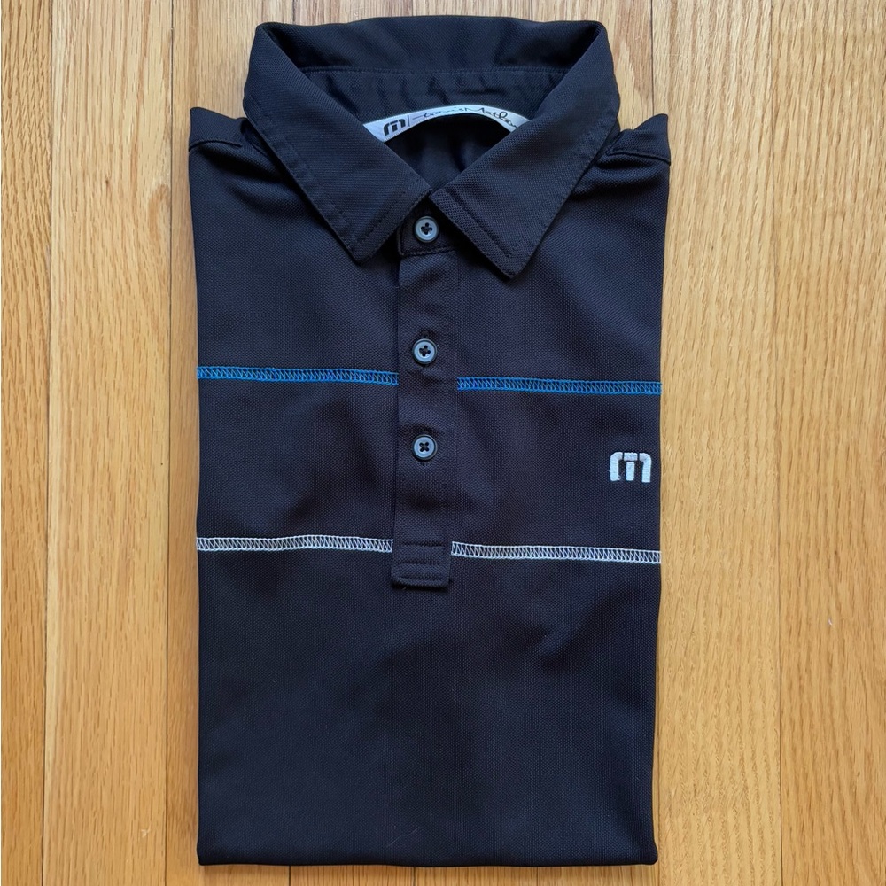 Travis Mathew Black Polo Shirt with Blue and Gray Accents